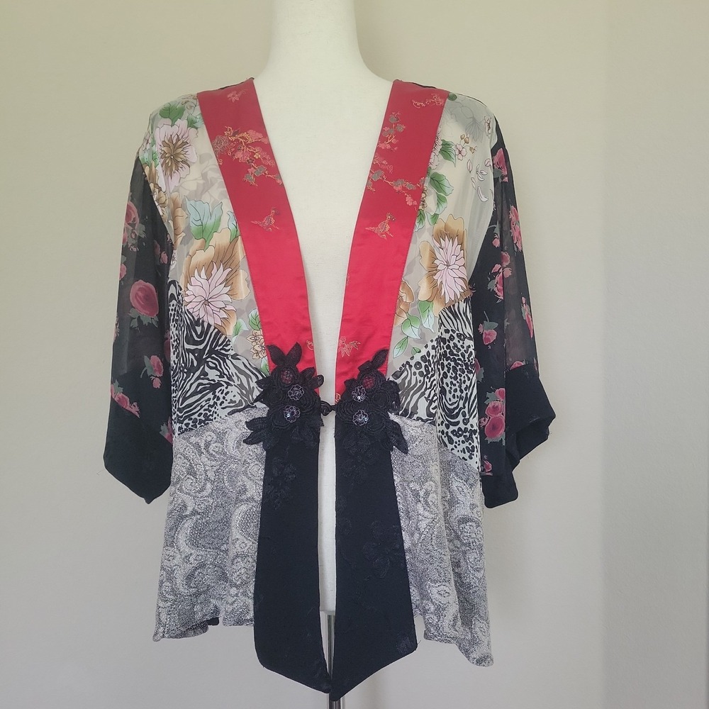 Spencer Alexis Kimono Top Womens Size XL Mixed Media Patchwork Boho Artsy Asian